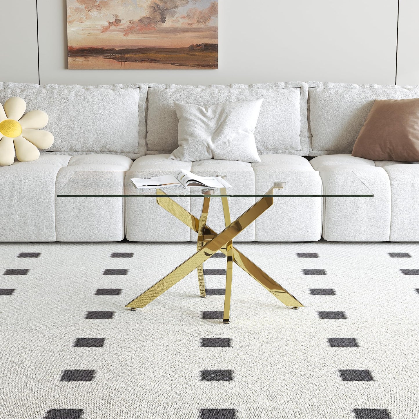 NIERN Tempered Glass Coffee Table with Chromed Legs, Rectangle Modern Living Room Table for Home Office Living Room (Gold, 40”x20”x17”)