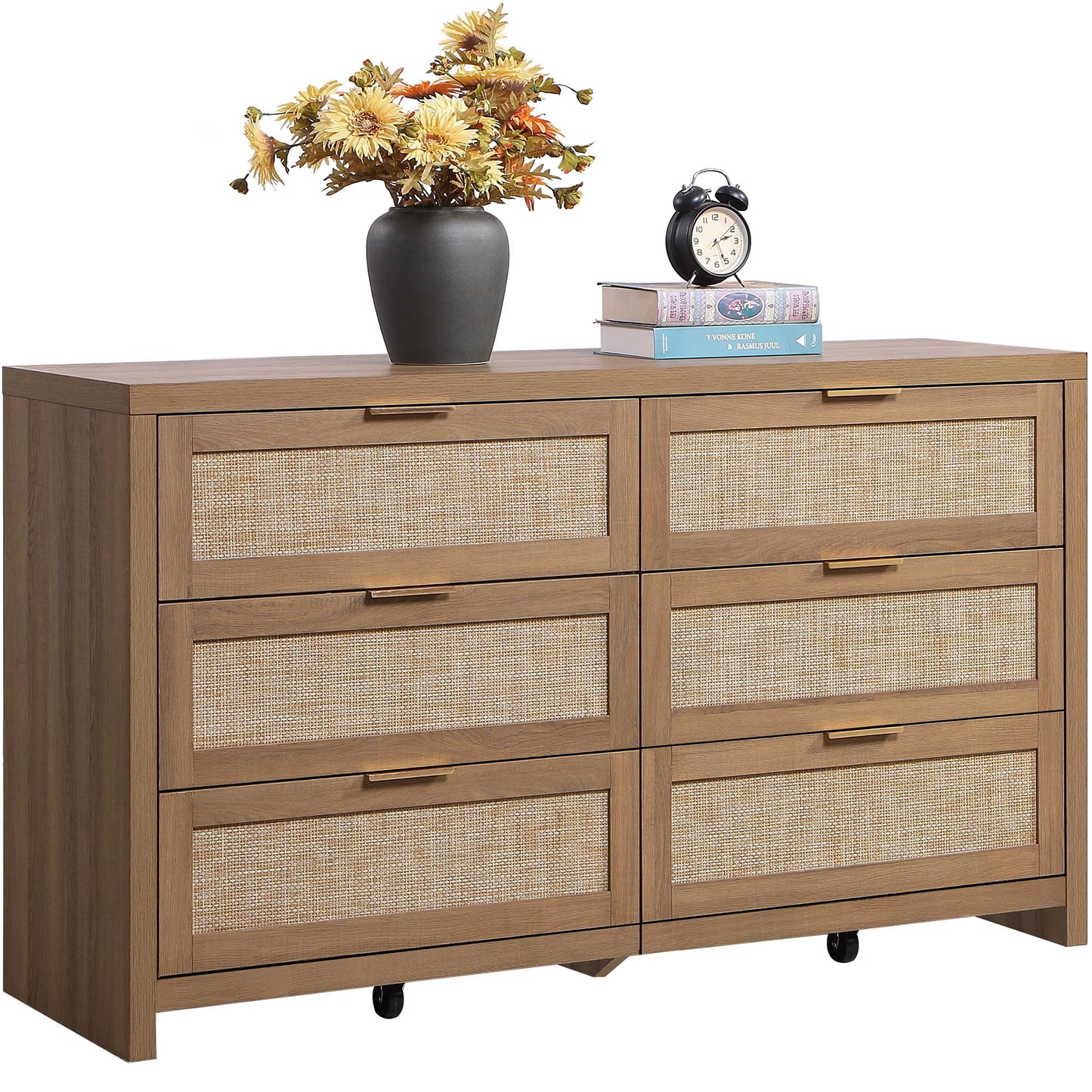SICOTAS Rattan Dresser for Bedroom, 56.9" Wide 6 Drawer Dresser with Ample Storage, Dressers Large Chest of Drawers, Closet, Boho TV Stand for Bedroom (Reclaimed Caramel Oak, 1 Piece)
