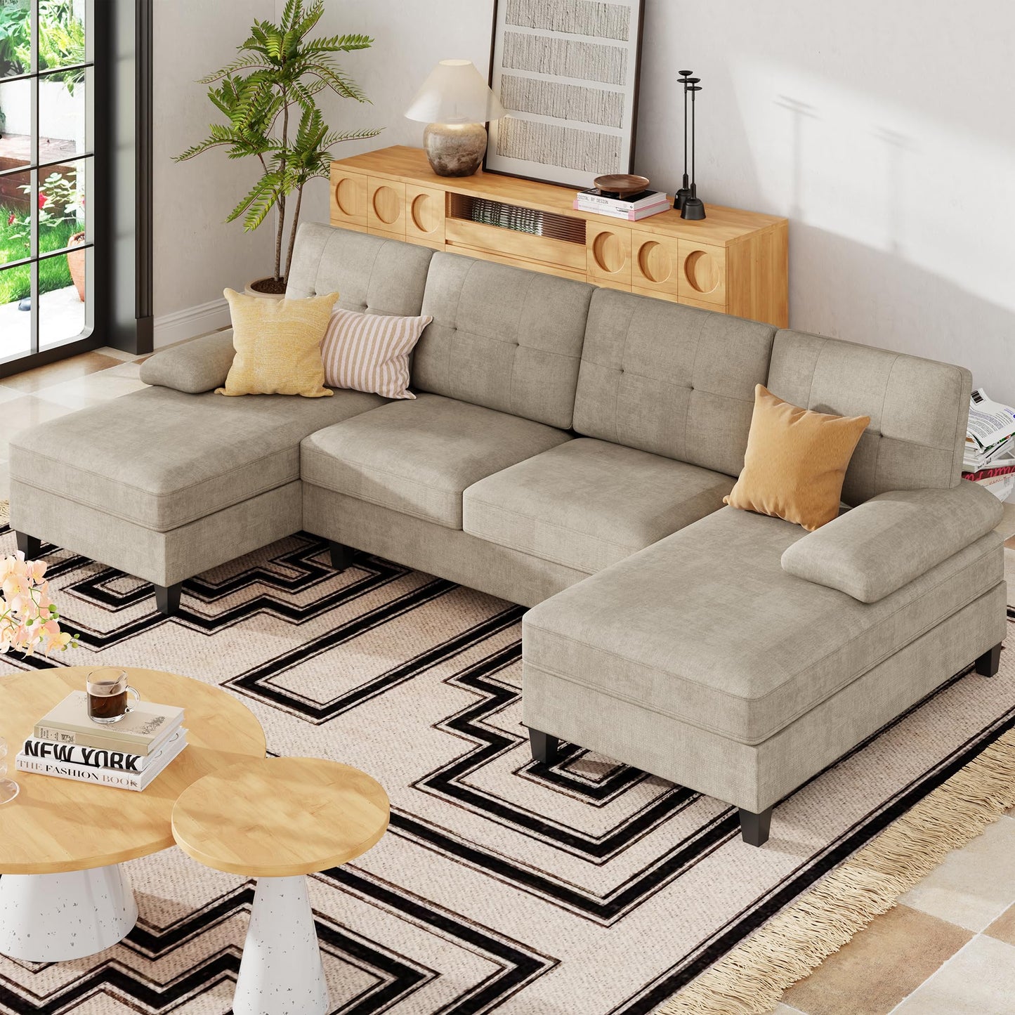 JAMFLY 106" U-Shaped Modern Sofa Modular Sectional Cloud Couch with Chaise, 4-Seat Deep Seat Sofa for Living Room, Bedroom and Apartment, Khaki