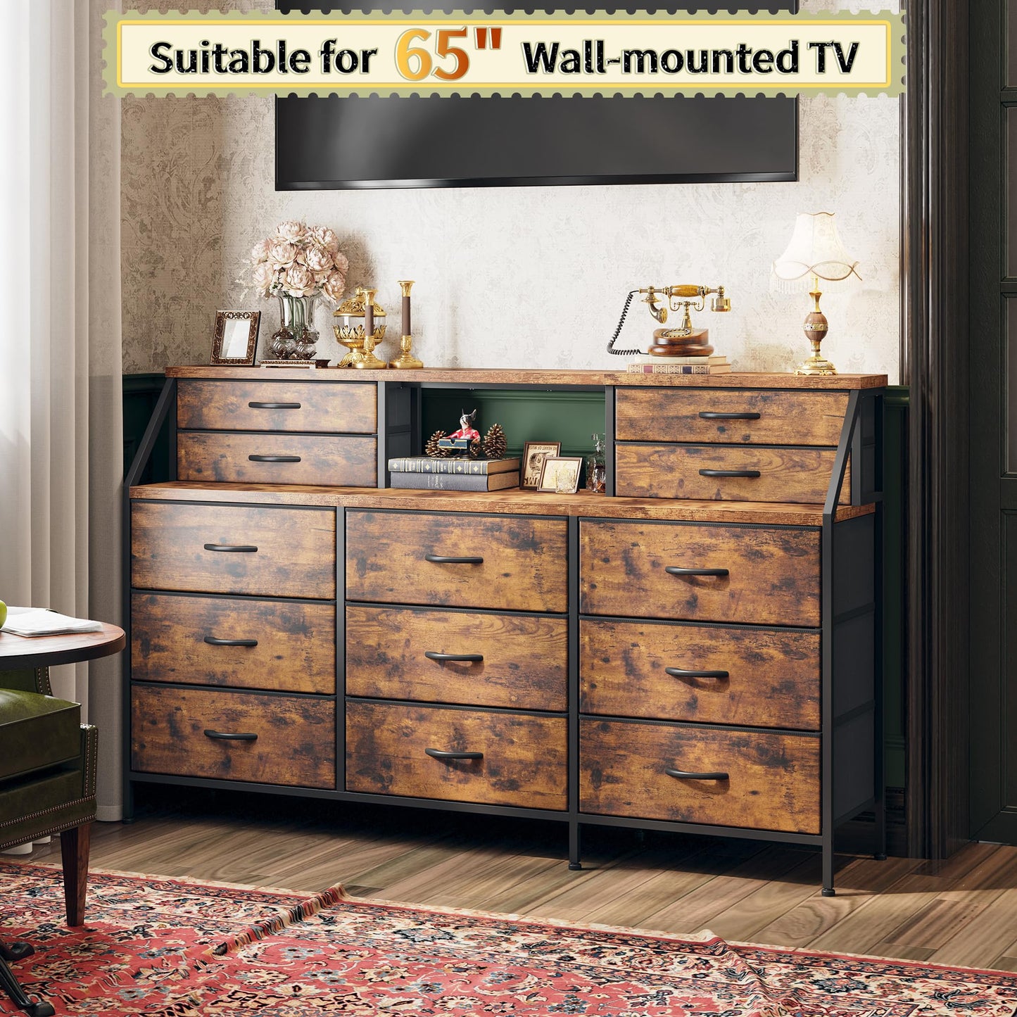 Romorgniz 55" W Dresser for Bedroom, Dressers & Chests of Drawers with 13 Fabric Drawers and 2 Open Shelves, Long Vanity Dressers for Bedroom & Closet, Rustic Brown, 55.1" W x 35.4" H x 11.4" D