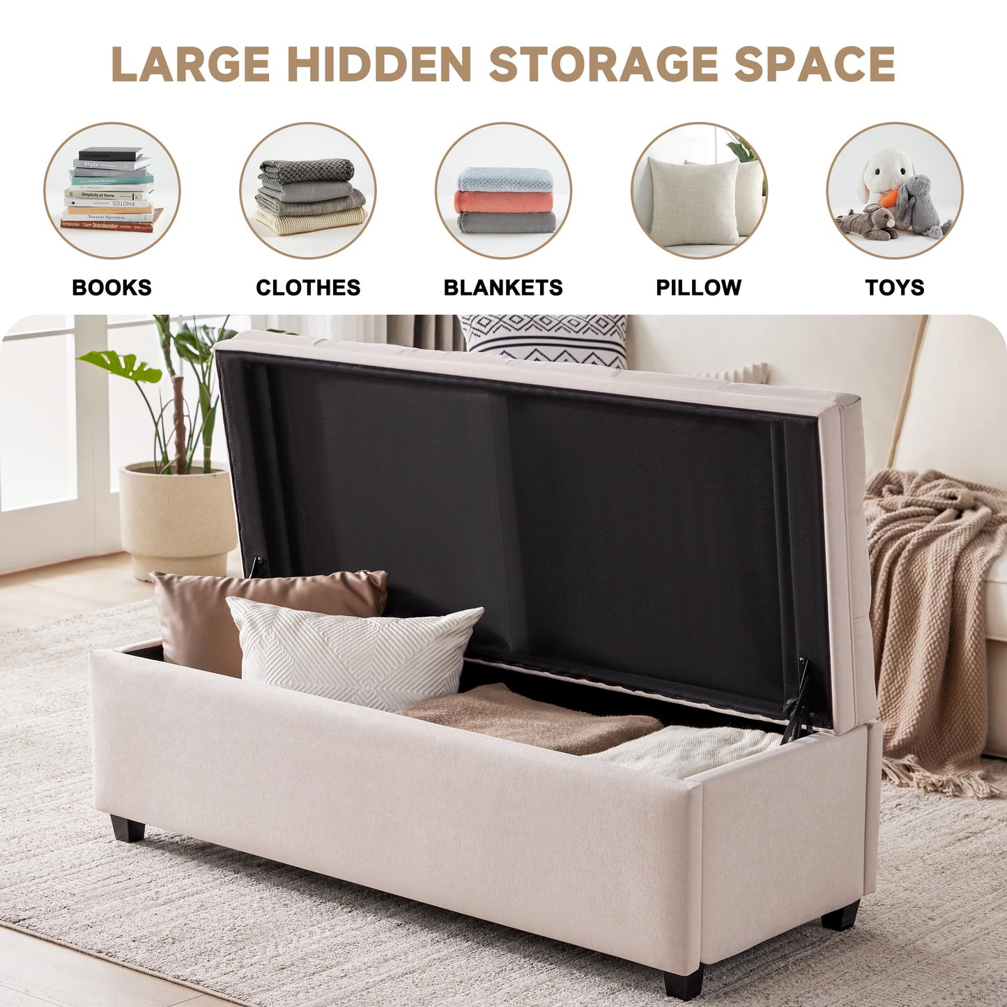 Mangodan 50" Storage Ottoman Bench, Tufted Ottoman with Storage Bench for Living Room, Large End of Bed Bench Ottomans, Modern Entryway Benches, Window & Bedroom Benches for Foot of Bed, Beige