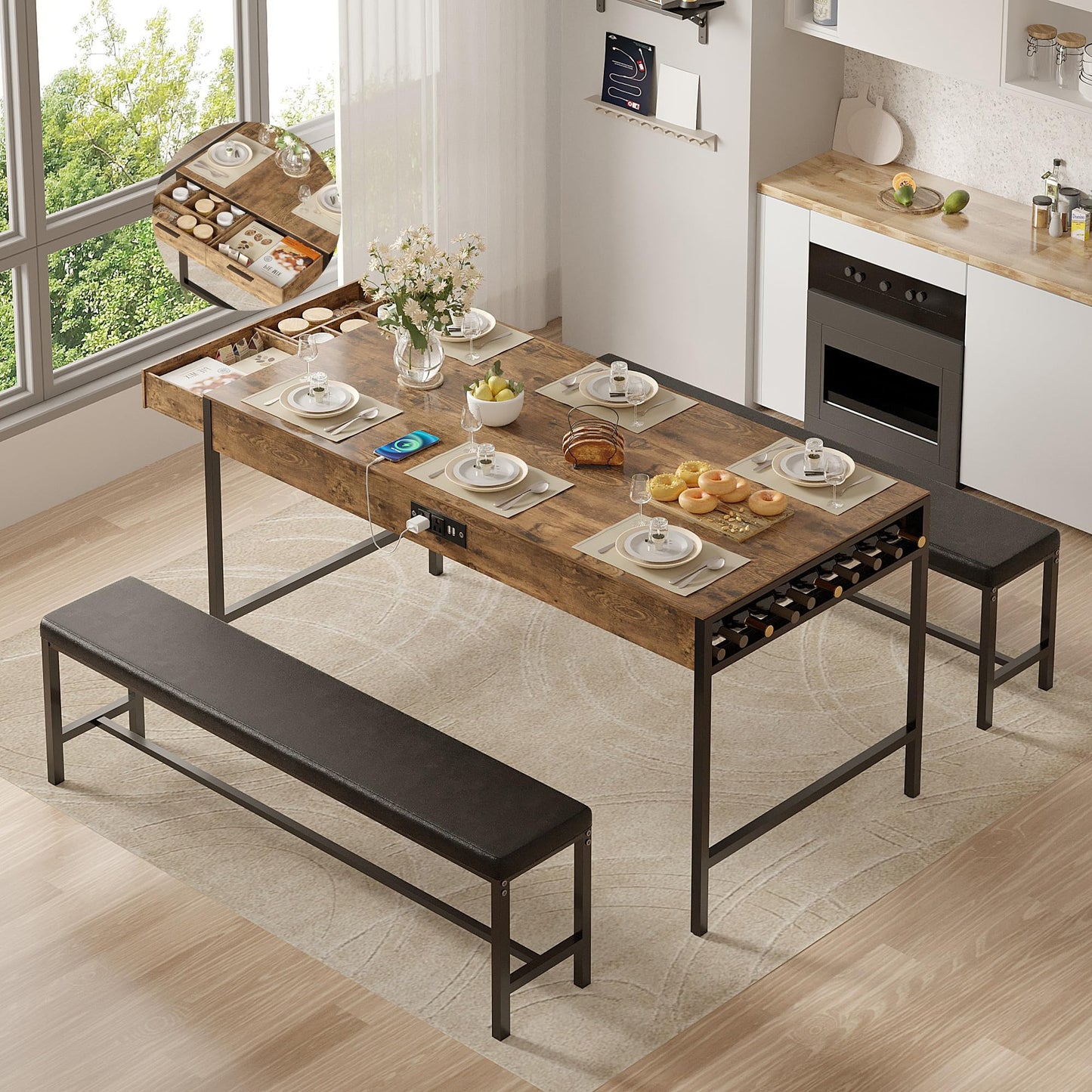 VECELO 65" Dining Table Set for 4-6, 3-Piece Kitchen Set with 2 Utensil Drawers, 2 Benches & Wine Rack, Space Saving & Heavy Duty, with Metal Frame & MDF Board, Rustic Brown