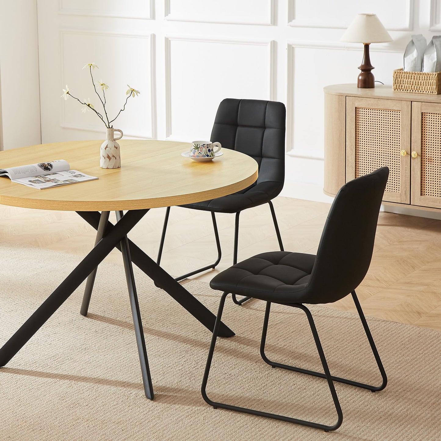 HIPIHOM 45.3 Inch Round Dining Table Set for 4, Mid Century Modern Small Coffee Set for Dining Room Kitchen Apartment (Cream Table + 4 U-Shaped Black Chairs)