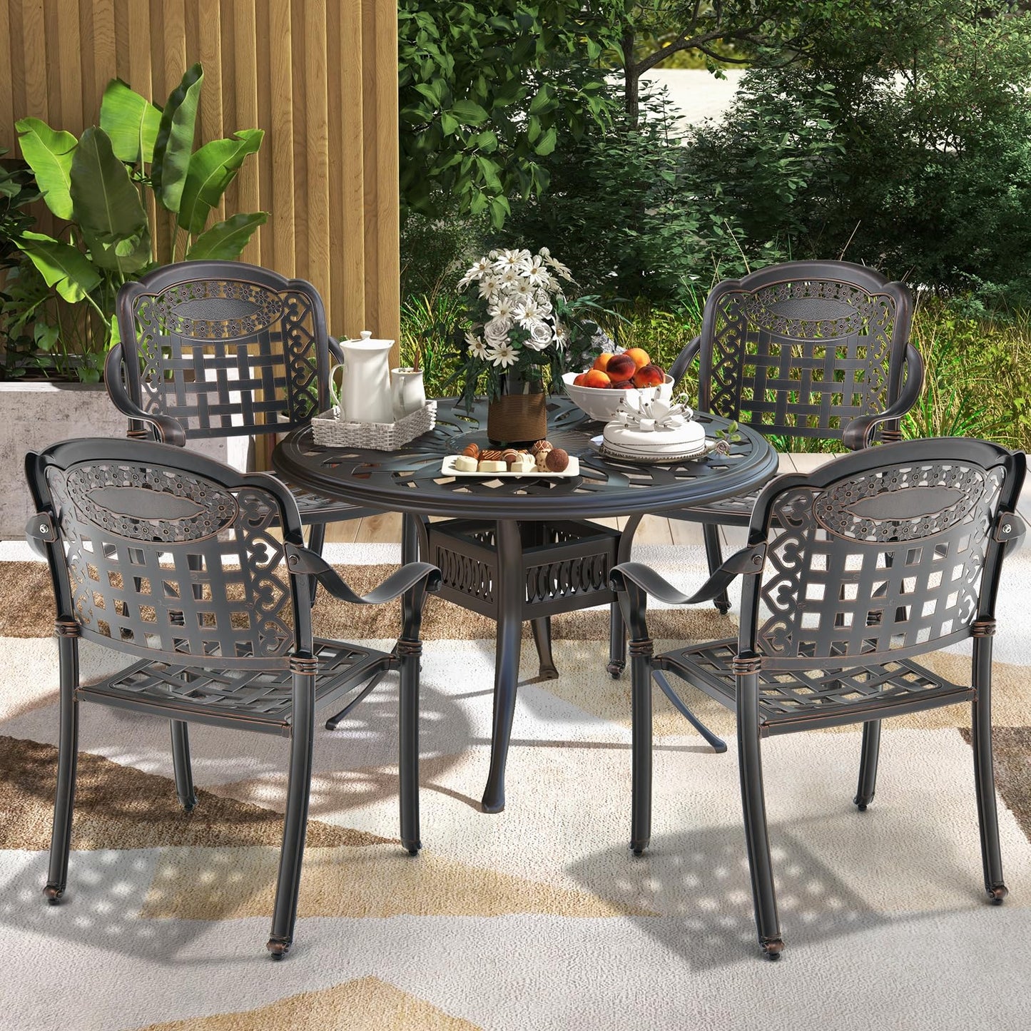 Tangkula Set of 4 Cast Aluminum Patio Dining Chairs, Stackable Outdoor Dining Chairs with Armrests, Outdoor Bistro Chairs for Balcony, Backyard, Garden