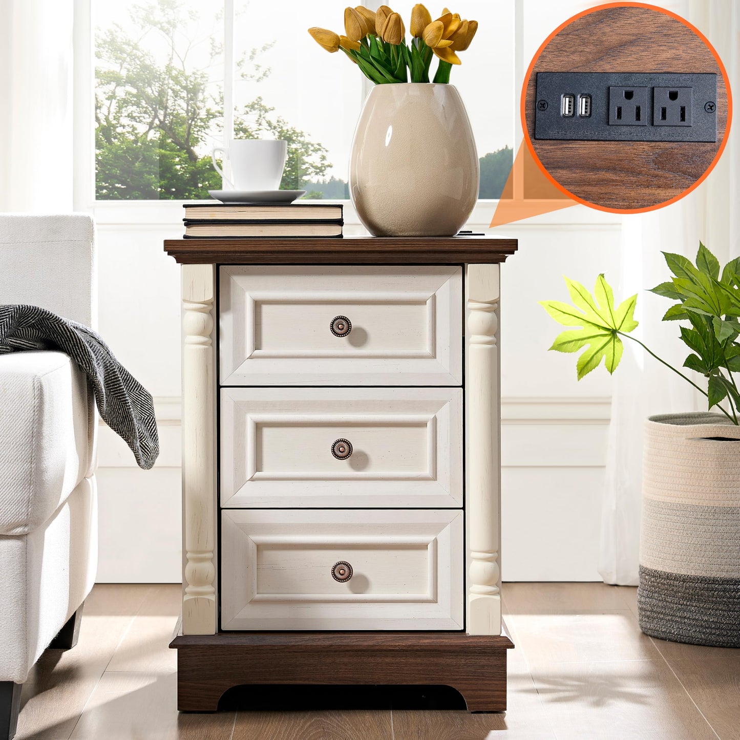 OKYCI Nightstand with Solid Wood Roman Column & Charging Station, Modern 3-Drawer Bedside Table, Farmhouse Wood End Table with Storage for Bedroom/Living Room/Office, Antique White & Brown
