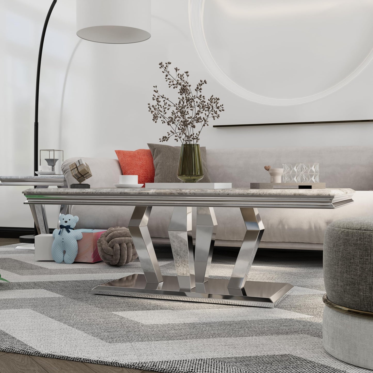 Asday Silver Gray Coffee Table with Four Metal Geometric Legs and 48‘’ High Gloss Top for Living Room, Office, Reception Room