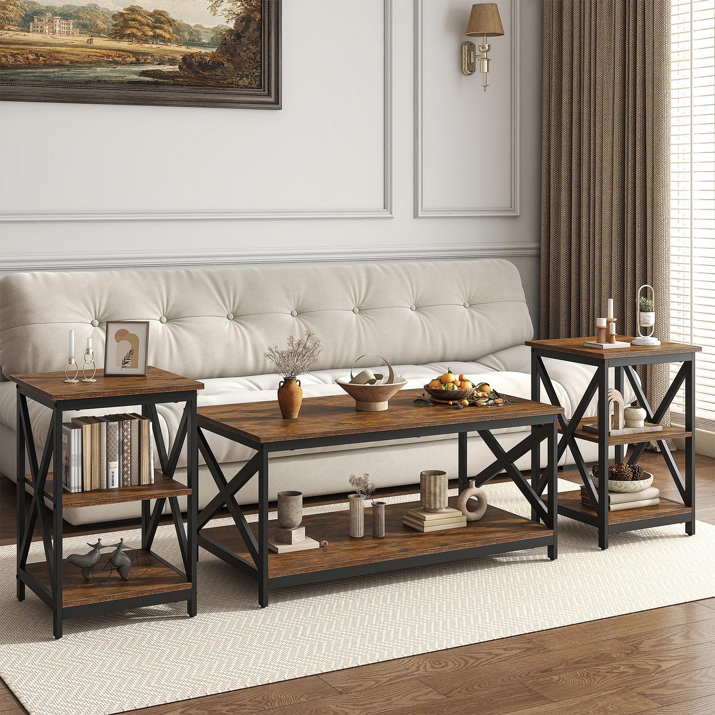 Bigbiglife Living Room Coffee Table Set of 3, Industrial X-Design Coffee Table and 2 End Side Tables, 3 Piece Living Room Table Set with Large Storage for Apartment Home (Dark Rustic Brown)