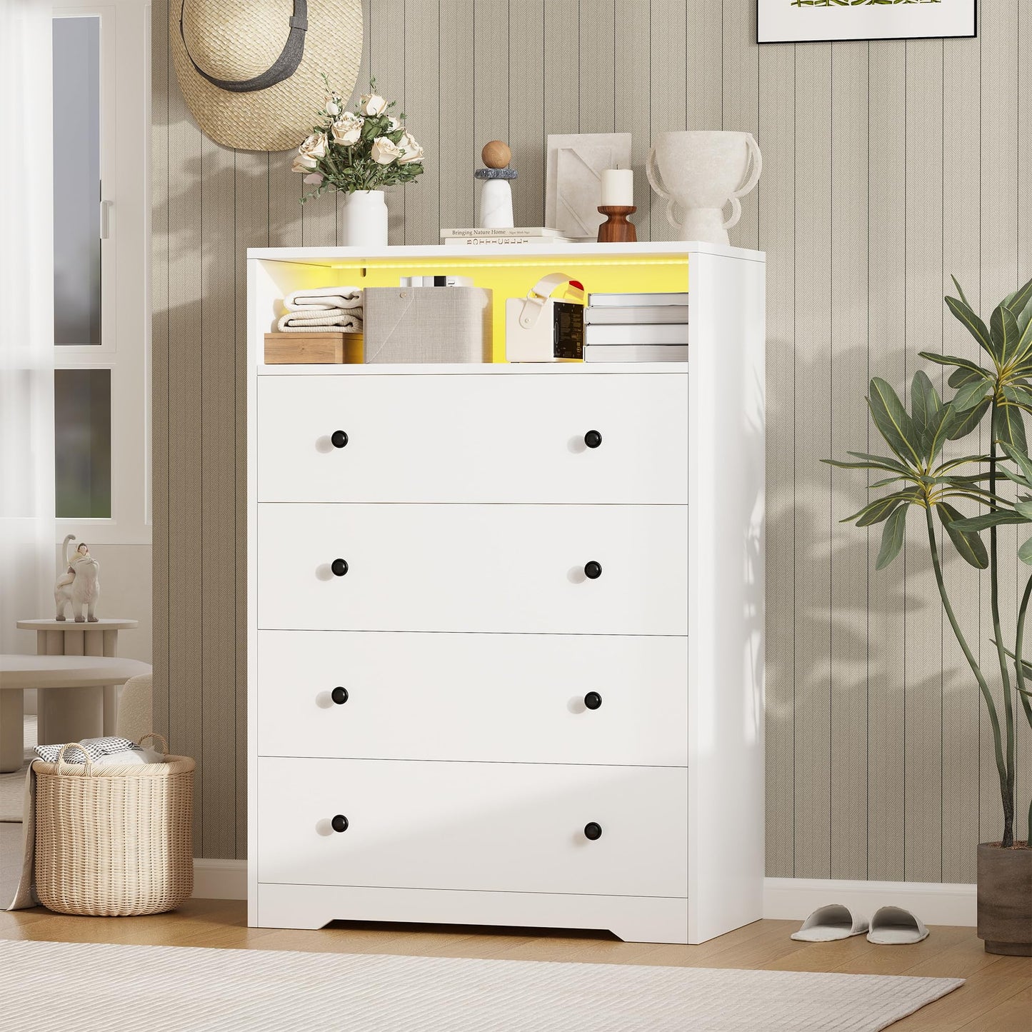 Homkdom White Dresser with LED Light, Tall Dresser with 4 Drawers & 1 Shelves, Chest of Drawers for Bedroom, Hallway, Entryway, 43.4" H x 27.6" W x15.8 D