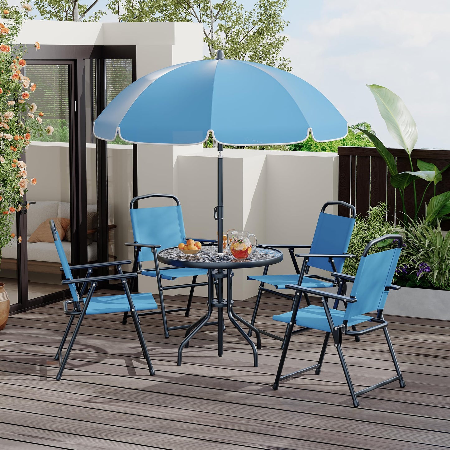 Patio Dining Set for 4 With Umbrella, Outdoor Furniture Set With 4 Folding Dining Chairs, Outdoor Table Umbrella Set With Tempered Glass Top Dinings Table