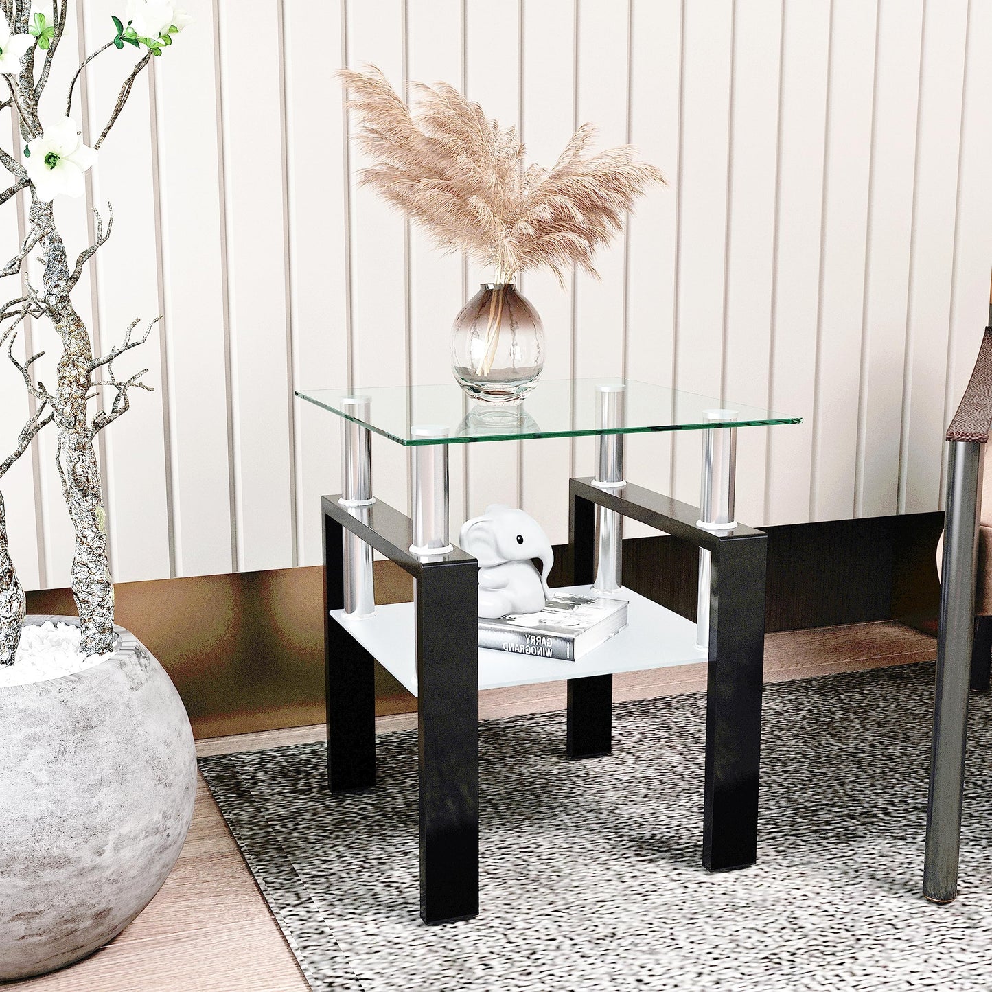 Modern Glass End Table 2-Tier Tempered Glass Top Corner Table for Living Room, Side Table with Metal Legs (Clear, 1pc)