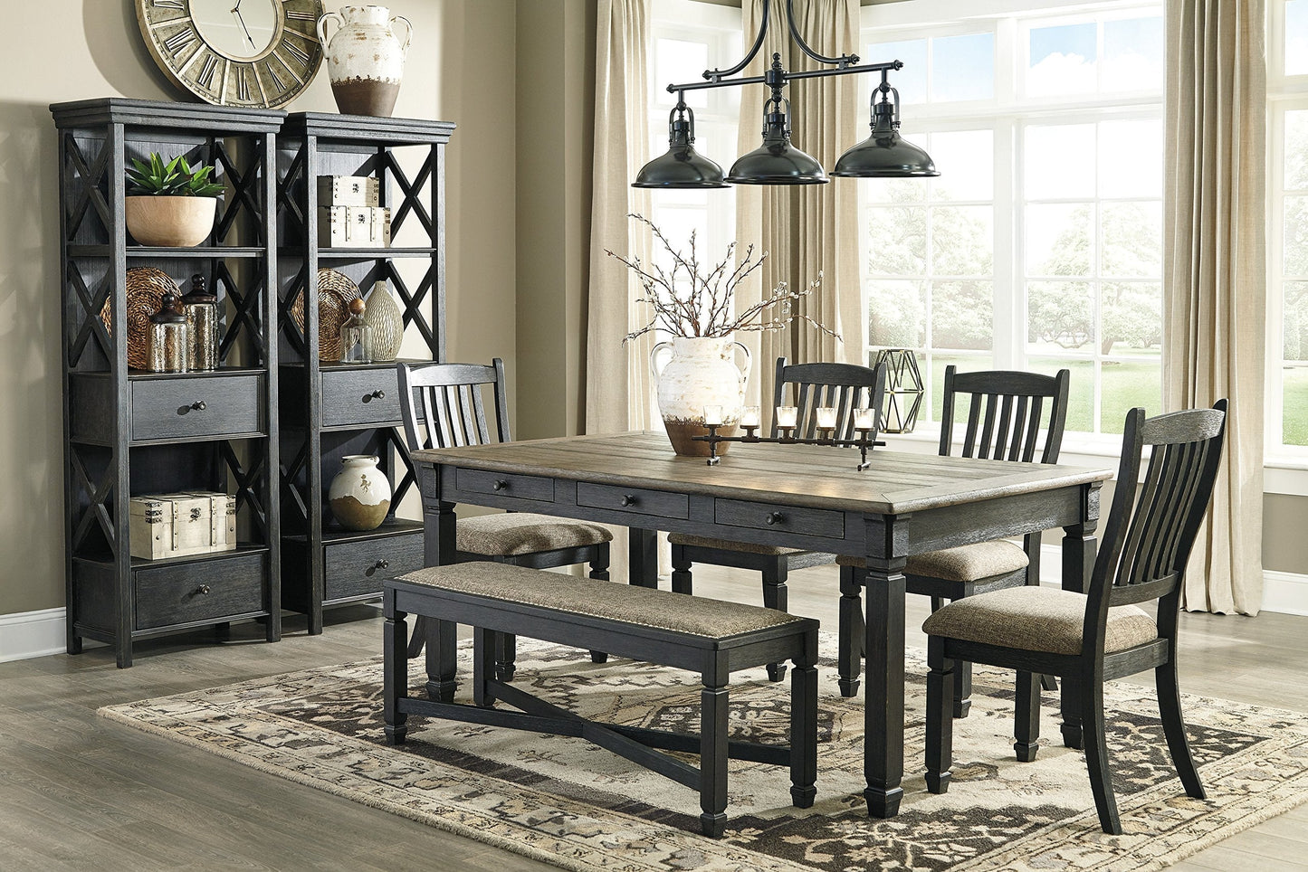 Signature Design by Ashley Tyler Creek Modern Farmhouse Upholstered Dining Room Bench, Antique Black Finish