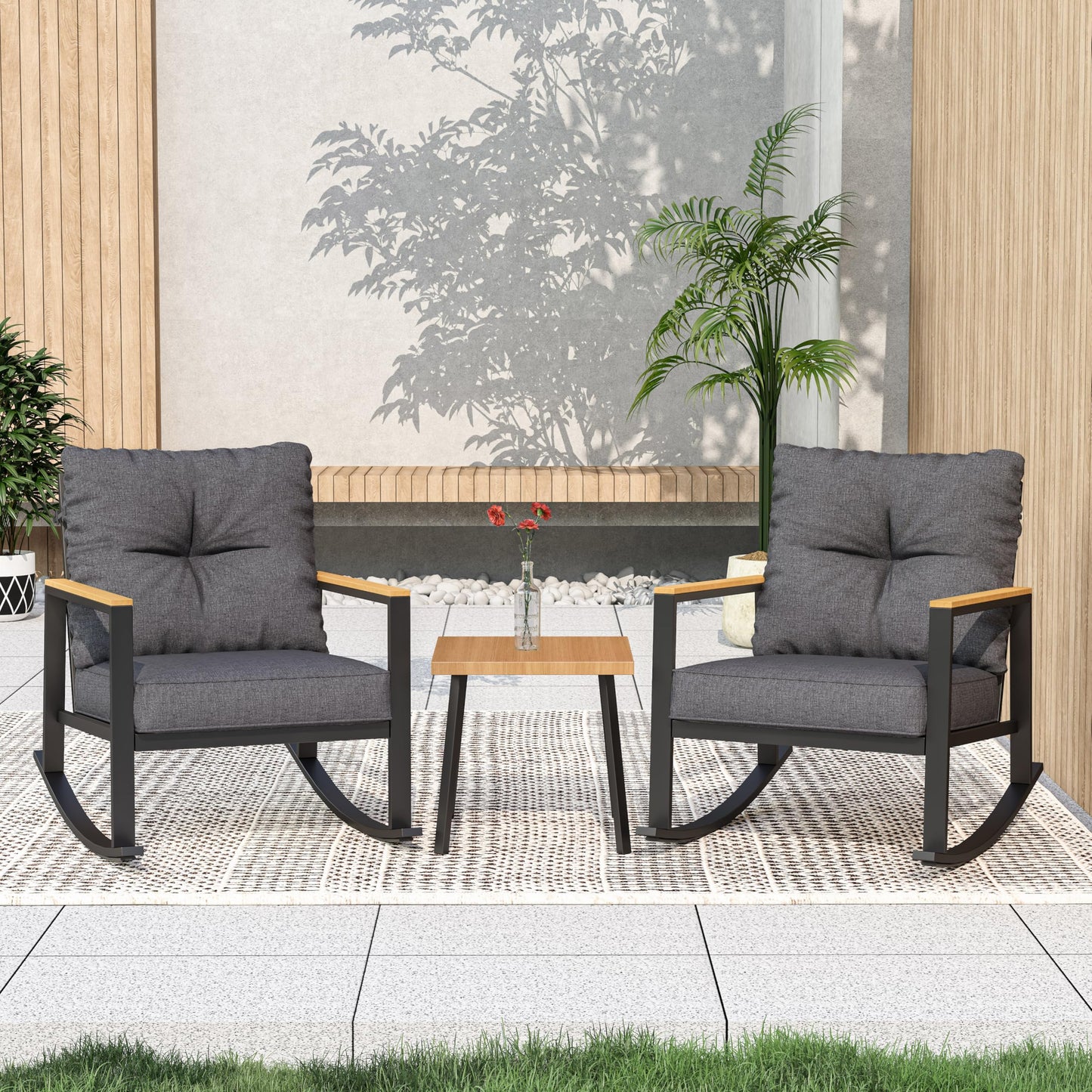 COMLAX FIELD 3 Pieces Rocking Bistro Set, Outdoor Patio Furniture Set with Thick Cushions and Coffee Table, Patio Conversation Sets for Garden, Balcony, Backyard, Grey