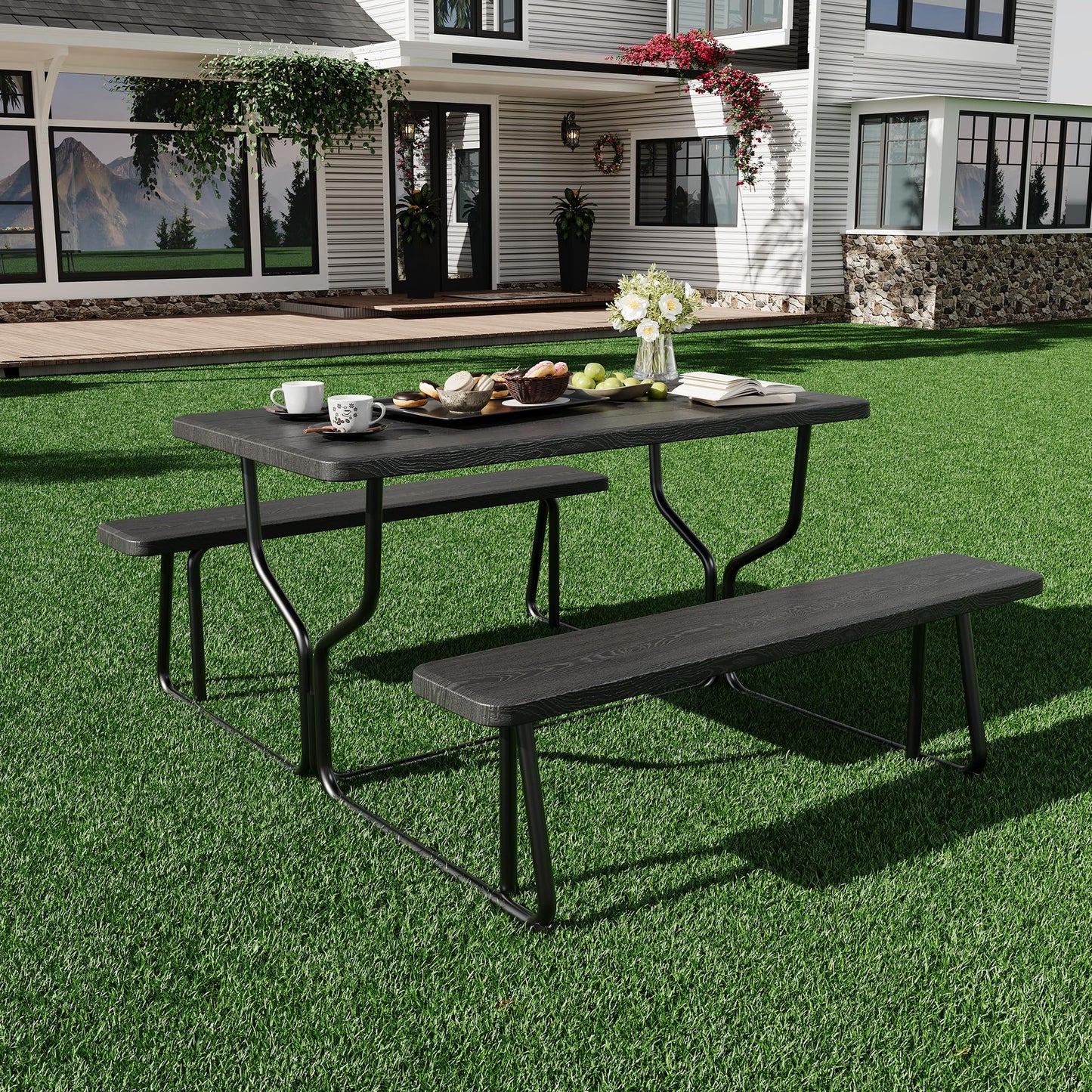 Outdoor Picnic Table with Benches, Portable Heavy Duty Wood-Like All Weather Picnic Table Set, Large Metal Picnic Tables for Outdoors, Backyard, Patio, Lawn, Garden (Black)