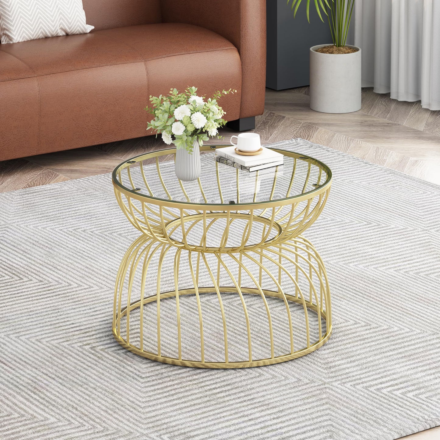 Rpuzonier 27.50" Round Glass Top Coffee Table for Living Room, Small Circle Gold Center Table with Hollow Lines, Hourglass Curved Lines Frame, Modern Sofa Side Table for Home, Office, Apartment