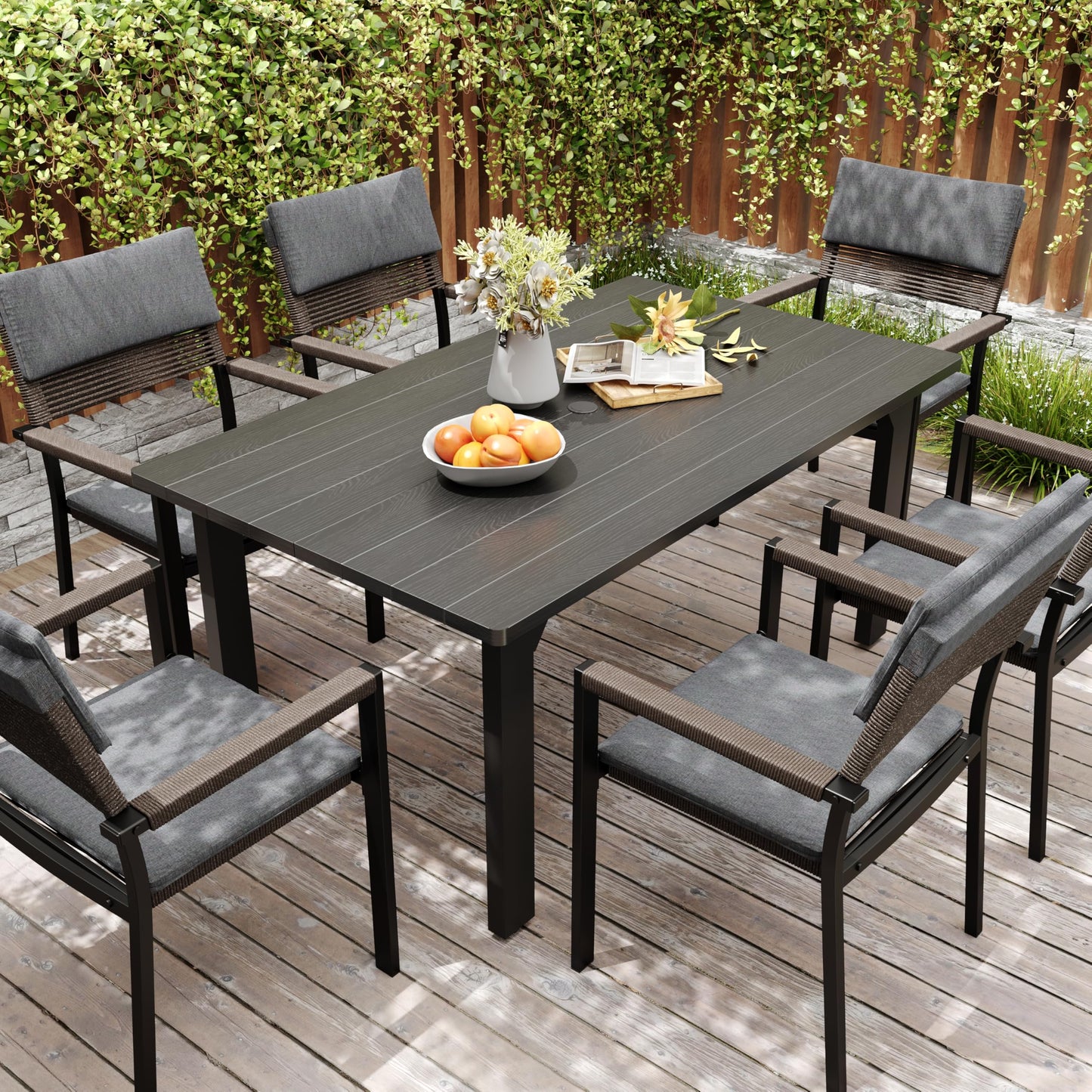 Sundale Outdoor Metal Dining Set for 6, 6-Piece Patio Dining Table and Stackable Rattan Chairs Set with Headrests and Cushions for Backyard, Garden, Deck, Dark Gray