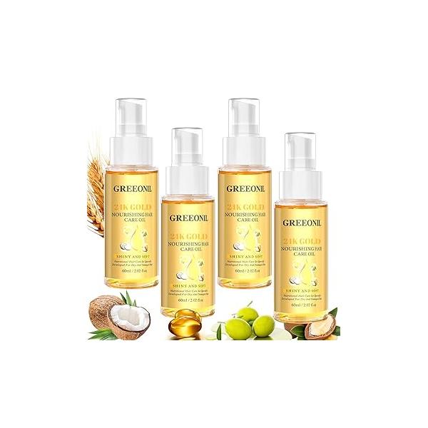24K Gold Argan, Coconut, and Olive Oil Serum for Frizz Control, Shine, Split End Repair - Nourishing Hair Treatment with Vitamin E, 2.02 fl oz, 60ml