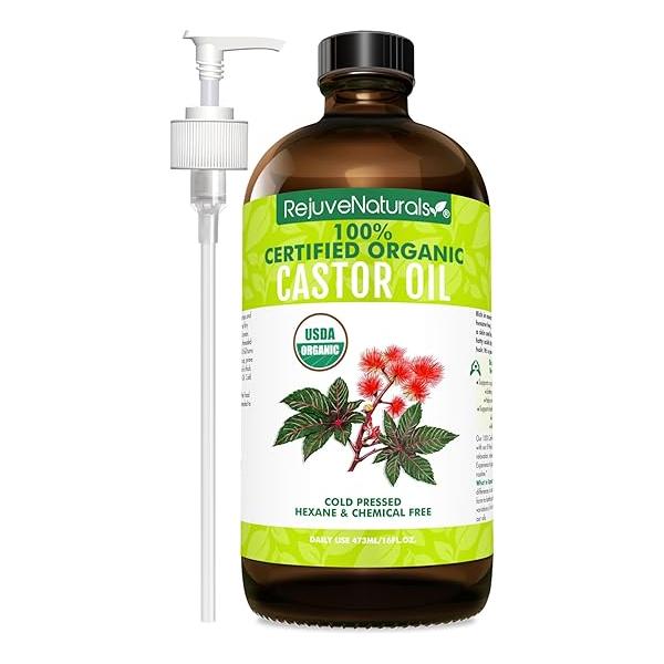 RejuveNaturals Castor Oil (16oz Glass Bottle) USDA Certified Organic, 100% Pure, Cold Pressed, Hexane Free. Boost Hair Growth for Thicker, Fuller Hair, Lashes & Eyebrows.