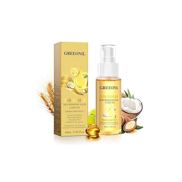 24K Gold Argan, Coconut, and Olive Oil Serum for Frizz Control, Shine, Split End Repair - Nourishing Hair Treatment with Vitamin E, 2.02 fl oz, 60ml